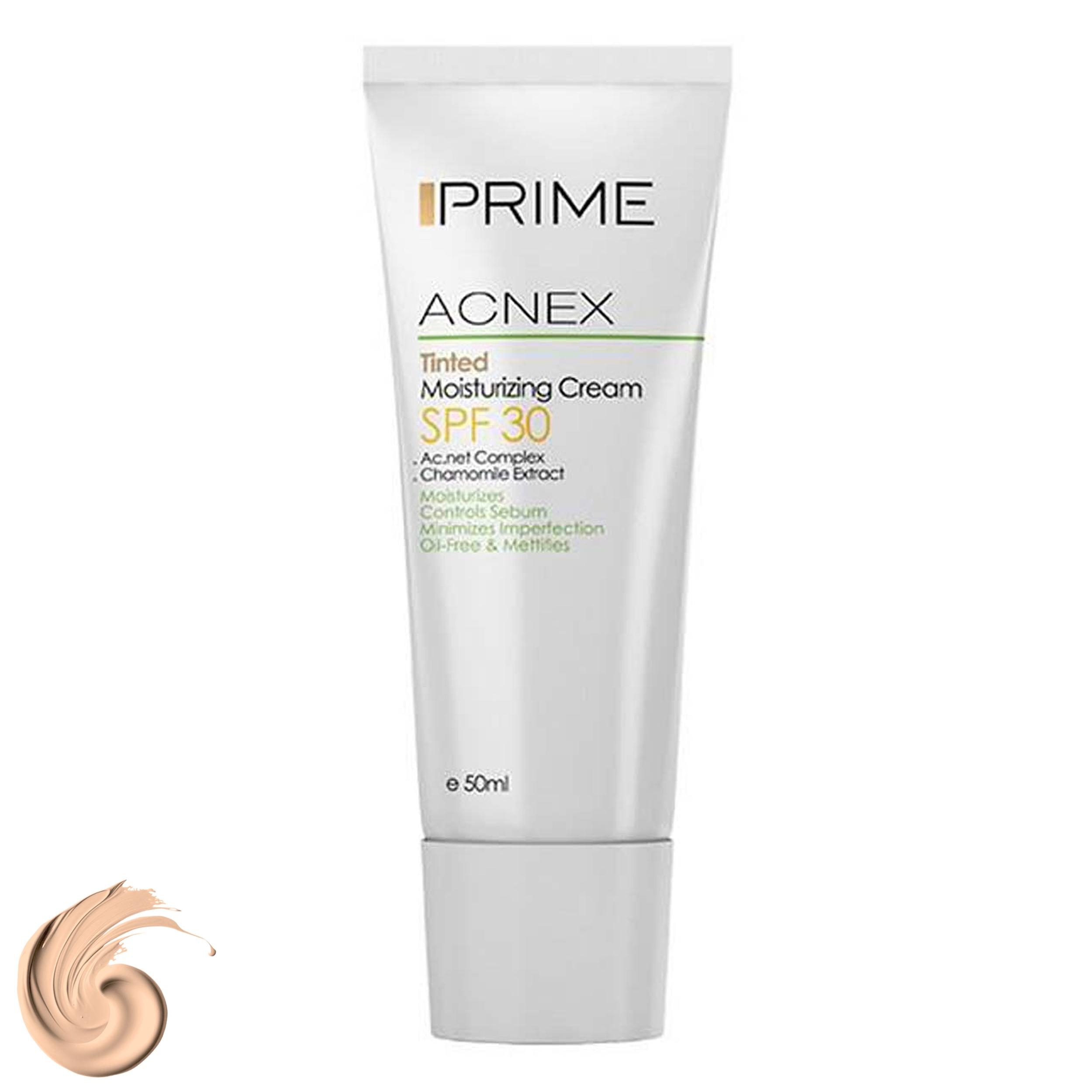 کرم مرطوب کننده رنگی پرایم مدل SPF30 مناسب پوست چرب حجم 50 میلیلیتر کرم مرطوبکننده رنگی پرایم مدل Acnex Tinted SPF 30 حجم 50 میلیلیتر