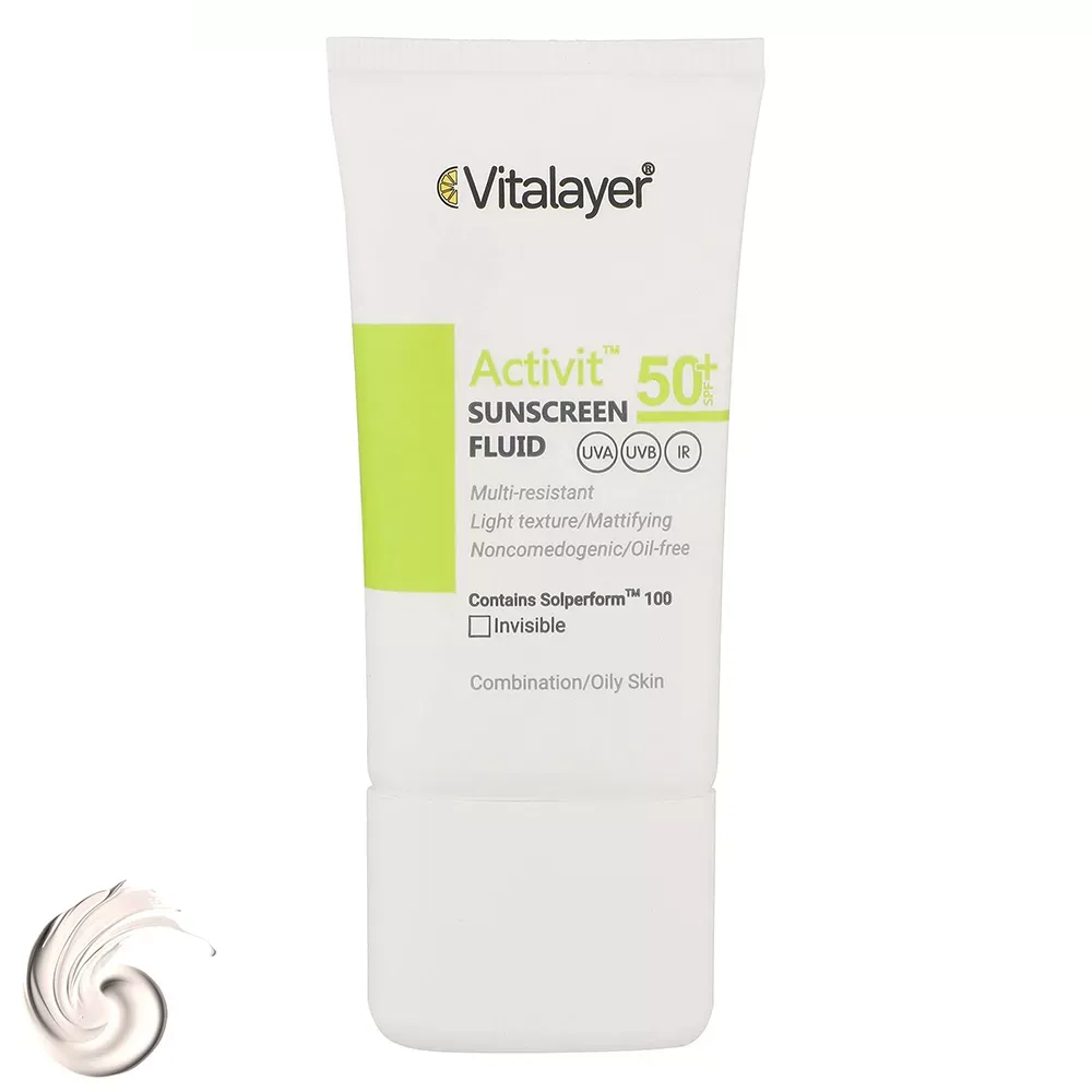 فلوئید ضدآفتاب بی‌رنگ ویتالیر SPF50 مدل Activit مناسب پوست‌ چرب حجم 50 میلی‌لیتر