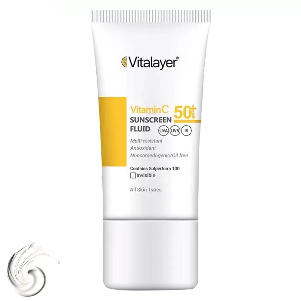 فلوئید ضدآفتاب بی‌رنگ ویتالیر SPF50 مدل Vitamin C حجم 50 میلی‌لیتر