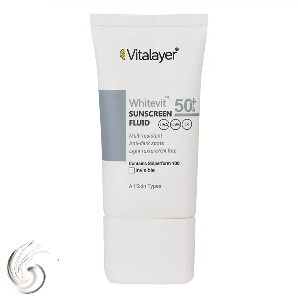 فلوئید ضدآفتاب بی‌رنگ ویتالیر SPF50 مدل Whitevit مناسب تیره و لک دار، حجم 50 میلی‌لیتر