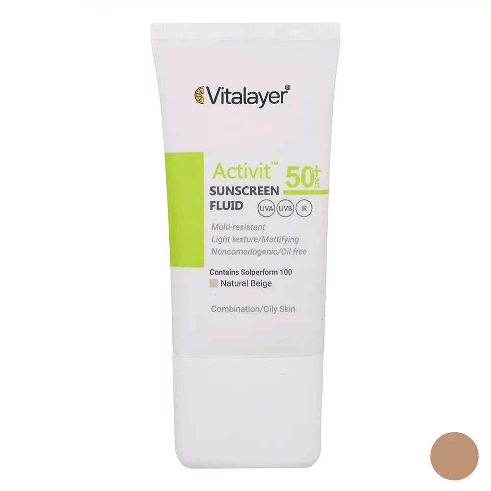فلوئید ضدآفتاب رنگی ویتالیر SPF50 مدل Activit مناسب پوست‌ چرب حجم 50 میلی‌لیتر