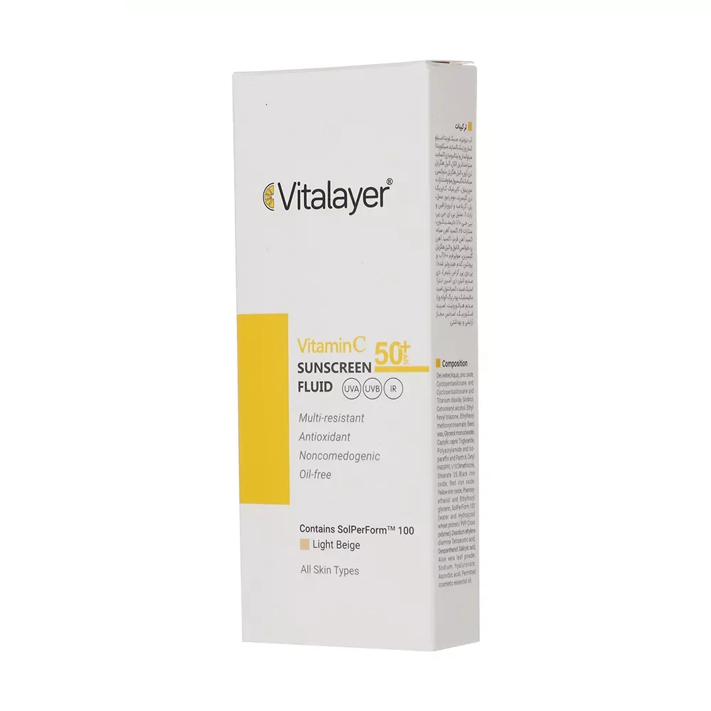 فلوئید ضدآفتاب رنگی ویتالیر، 50 SPF، مدل Vitamin C، مناسب انواع پوست تنالیته رنگ متوسط و حجم 50 میلیلیتر، ضد آب، محافظت کننده در برابر اشعه UVA، UVB، IR، آنتیاکسیدان، فاقد چربی و پارابن، ضد لک، آبرسان، دارای فرمولاسیون غیرکومدونزا، با ماندگاری 2 ساعته