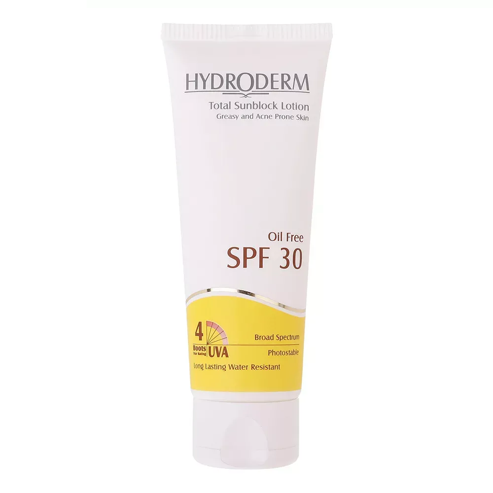 لوسیون ضدآفتاب فاقد چربی هیدرودرم SPF30 مناسب پوست چرب و آکنه دار حجم 75 میلی‌لیتر