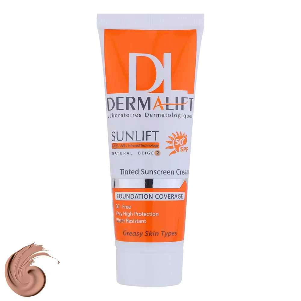 کرم ضد آفتاب رنگی SPF50 درمالیفت شماره 2 مناسب پوست چرب حجم 40 میلی‌لیتر