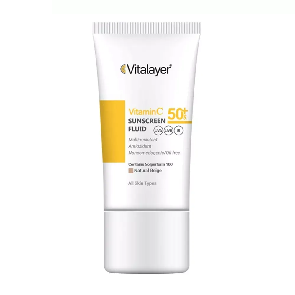 فلوئید ضد آفتاب رنگی ویتالیر SPF50 دارای ویتامین سی ‌مدل Natrual Beige حجم 50 میلی‌لیتر
