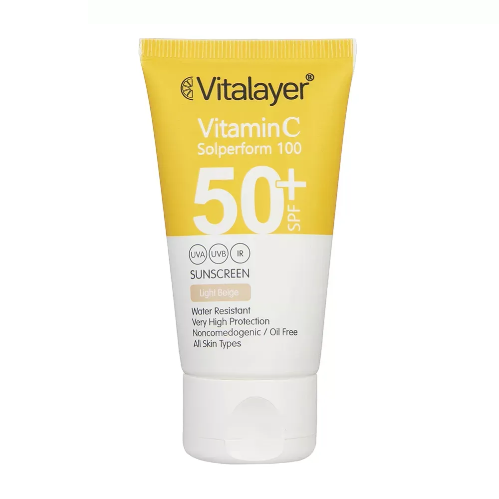 کرم ضد آفتاب رنگی ویتالیر SPF50 دارای ویتامین سی مدل Light Beige حجم 40 میلی لیتر