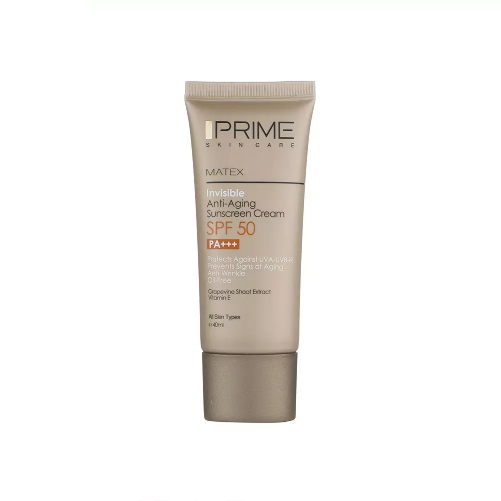 کرم ضد آفتاب و جوان کننده بیرنگ پرایم SPF50 مدل Matex حجم 40 میلی لیتر کرم ضد آفتاب و جوان کننده بی رنگ پریم مدل Matex Colorless SPF50 مناسب انواع پوست حجم 40 میلی لیتر
