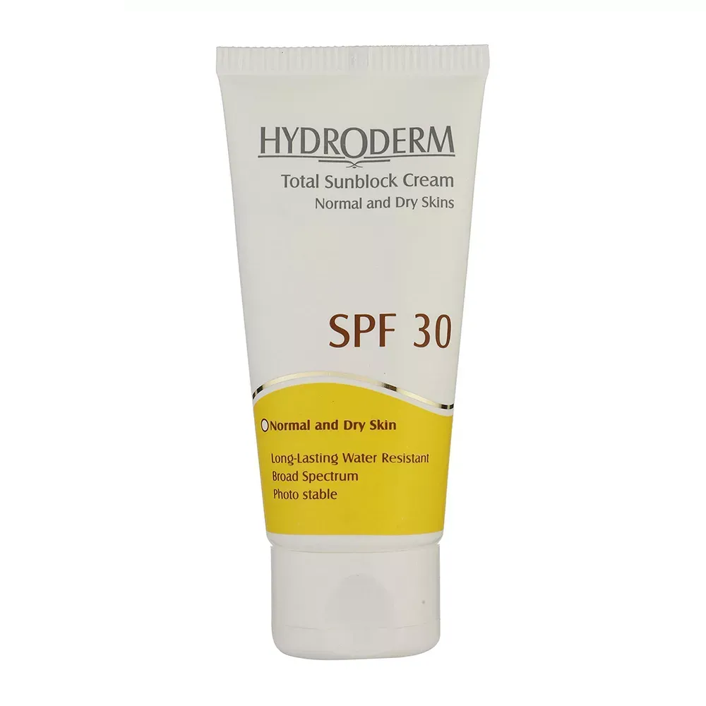 کرم ضدآفتاب بی‌رنگ هیدرودرم SPF30 مناسب پوست‌ نرمال و خشک حجم 50 میلی‌لیتر