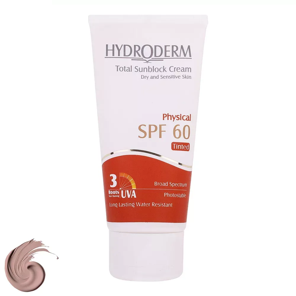 کرم ضدآفتاب رنگی هیدرودرم SPF60 مدل Phisical Tinted ‌مناسب پوست‌ خشک حجم 50 میلی‌لیتر