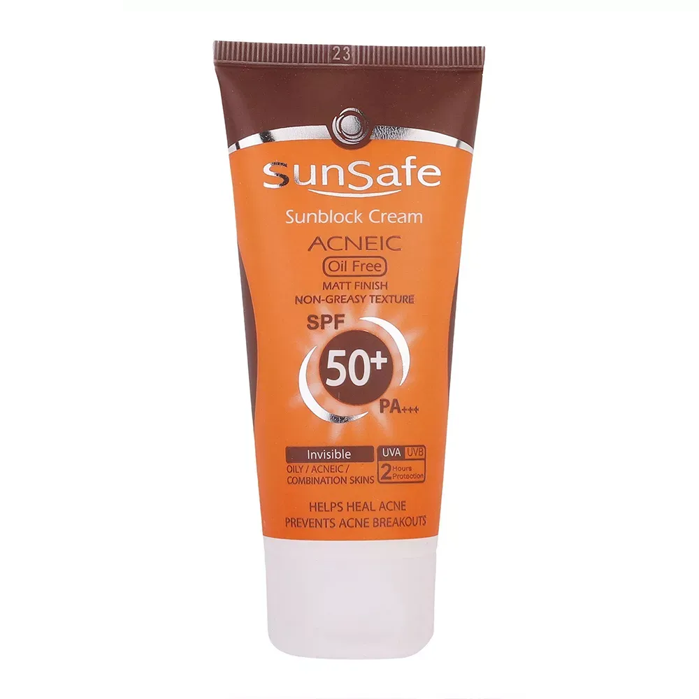 کرم ضدآفتاب و آنتی‌آکنه ‌بی‌رنگ سان‌ سیف SPF50 مناسب پوست‌ چرب حجم 50 میلی‌لیتر