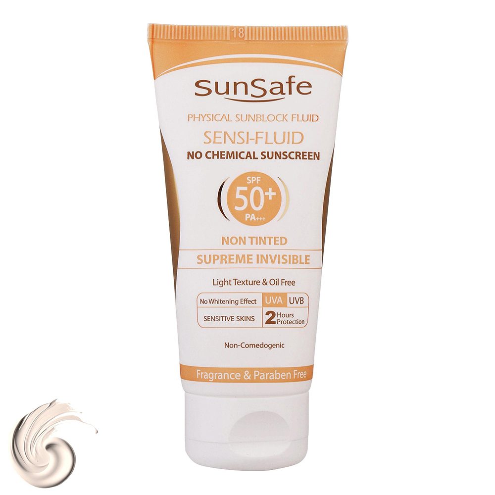 فلوئید ضدآفتاب بی‌رنگ سان‌ سیف SPF50 مدل SENSI-FLUID حجم 50 میلی‌لیتر