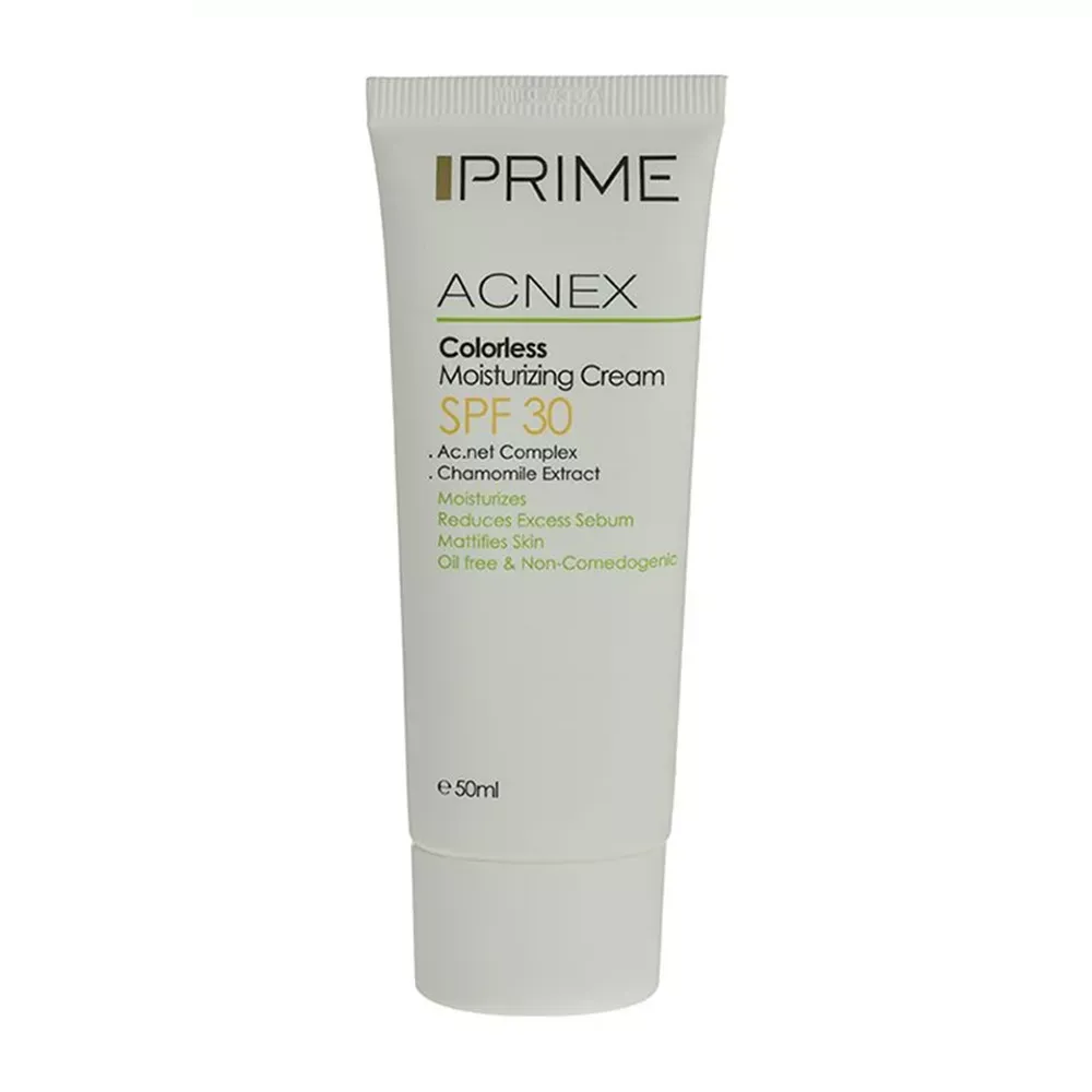 کرم مرطوب کننده بدون رنگ پرایم مدل Acnex SPF 30 حجم 50 میلی لیتر