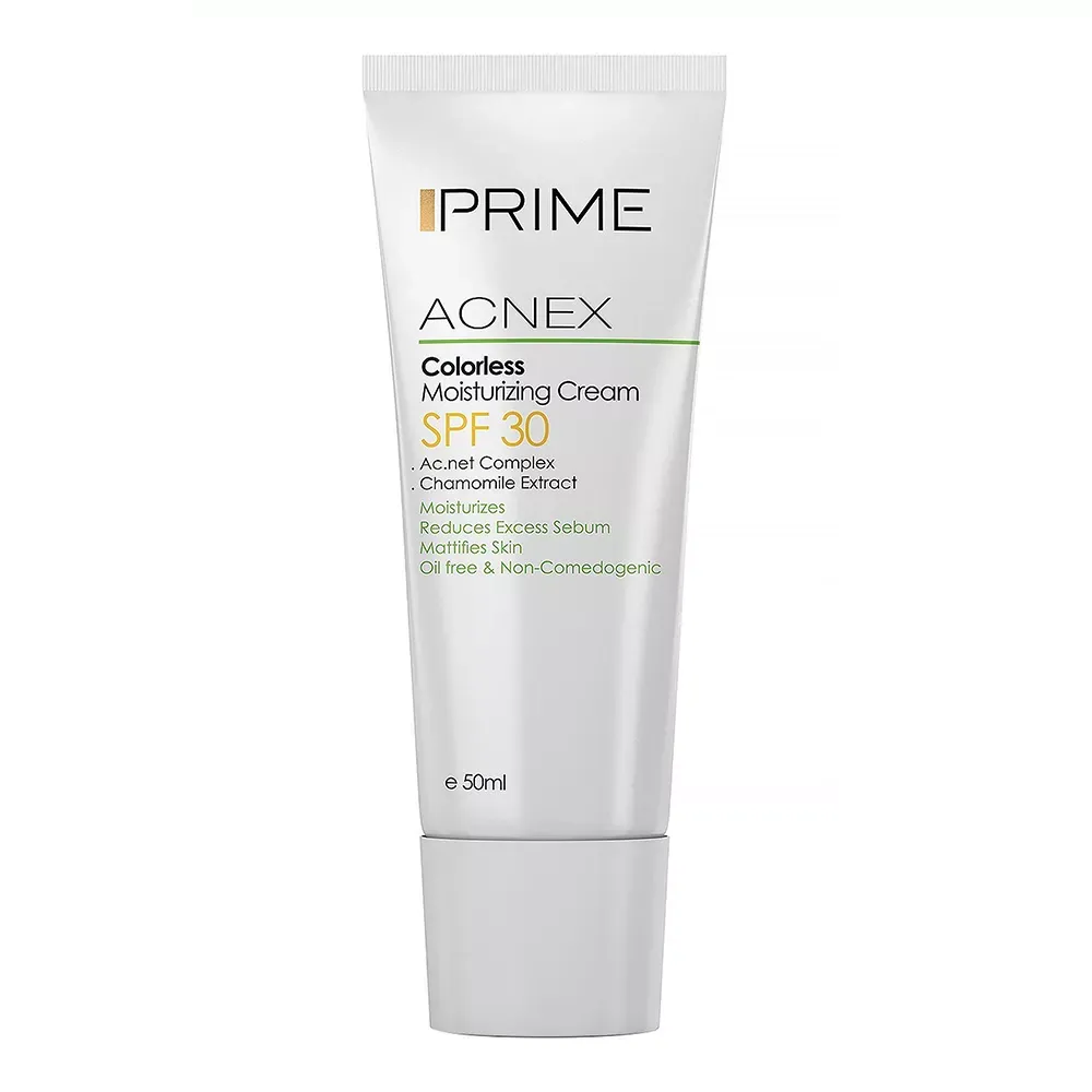 کرم مرطوب کننده بیرنگ پرایم SPF 30 حجم 50 میلی لیتر کرم مرطوب کننده بدون رنگ پرایم مدل Acnex SPF 30 حجم 50 میلی لیتر