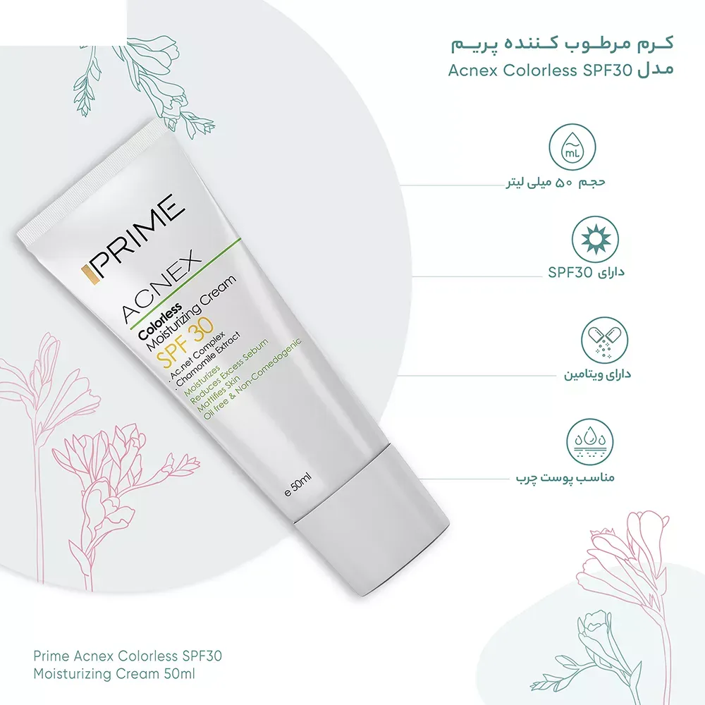 کرم مرطوب کننده بدون رنگ پرایم مدل Acnex SPF 30 حجم 50 میلی لیتر